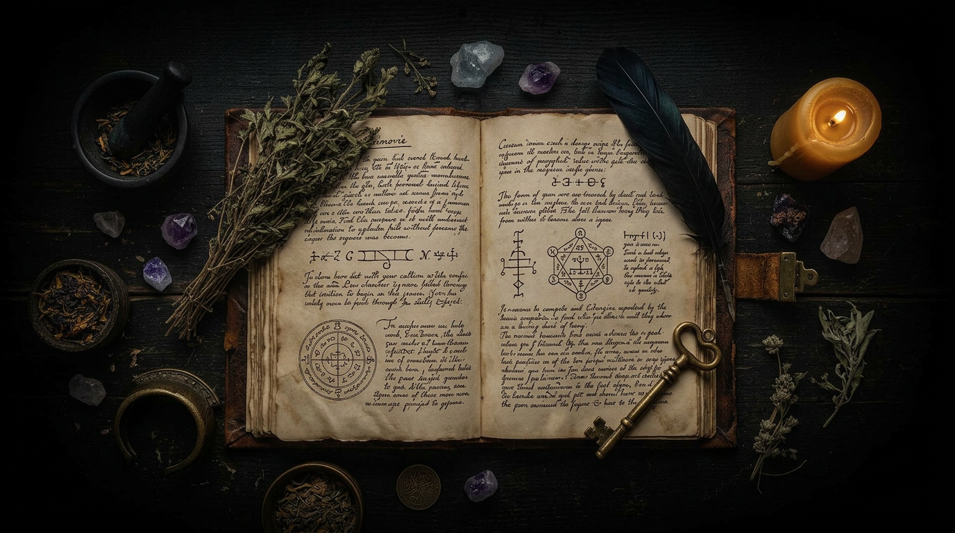 An open grimoire on dark wood surrounded by herbs, crystals, and candlelight