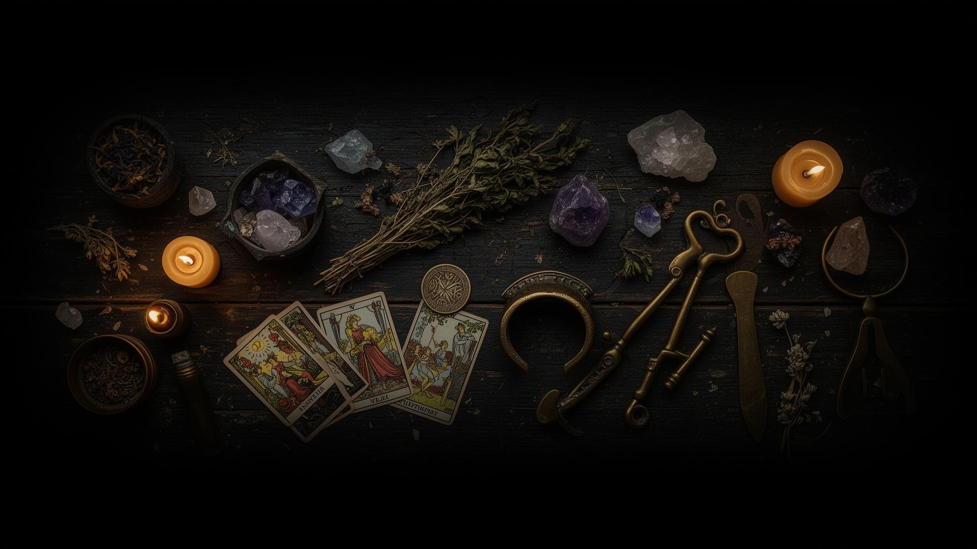 Apothecary tools — crystals, candles, tarot, and herbs