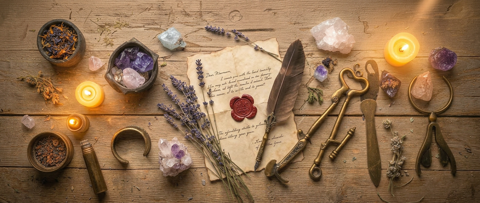 An open letter with wax seal, quill, and dried lavender on dark wood